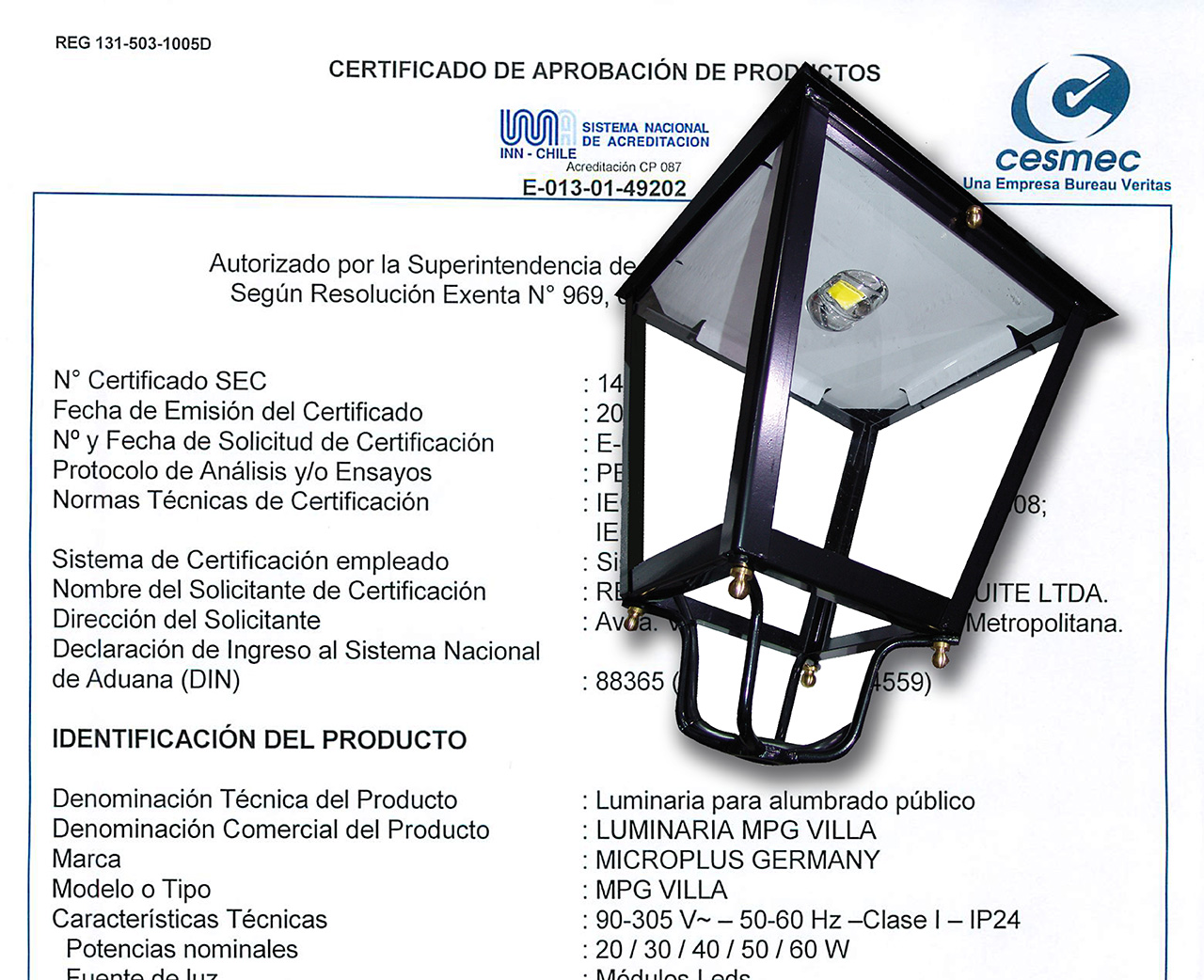 Microplus obtiene la certificación para las luminarias Villa